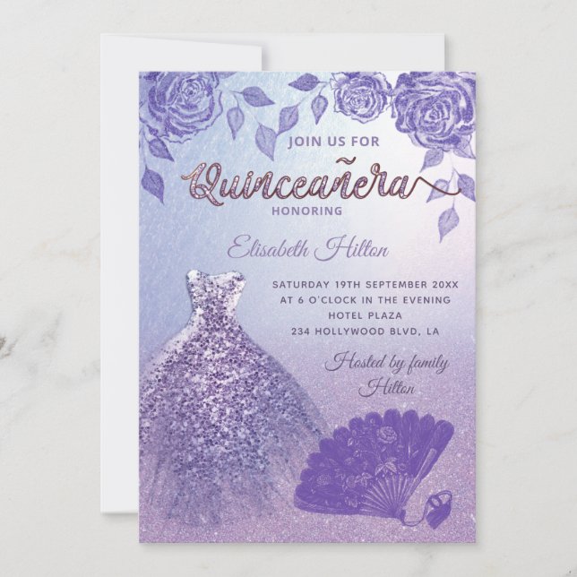 Lilac Rose Romantik Glitzer Fan Quinceañera Einladung (Vorderseite)