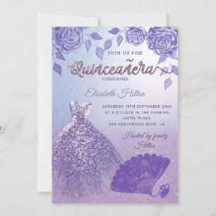 Lilac Rose Romantik Glitzer Fan Quinceañera Einladung