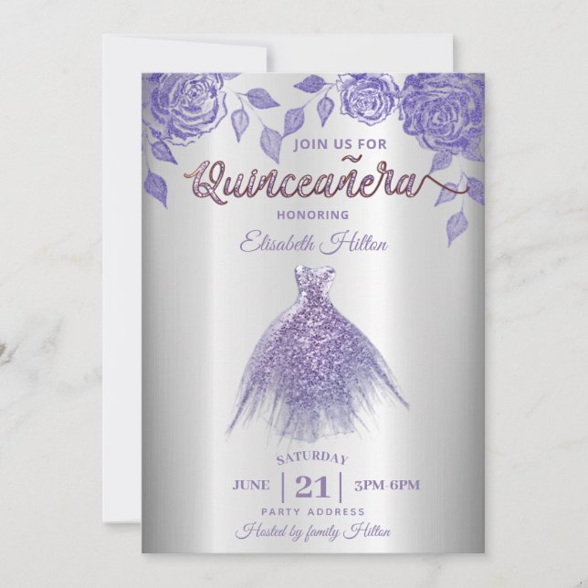 Lilac Rose romantisches Glitzer Kleid Quinceañera  Einladung (Vorderseite)