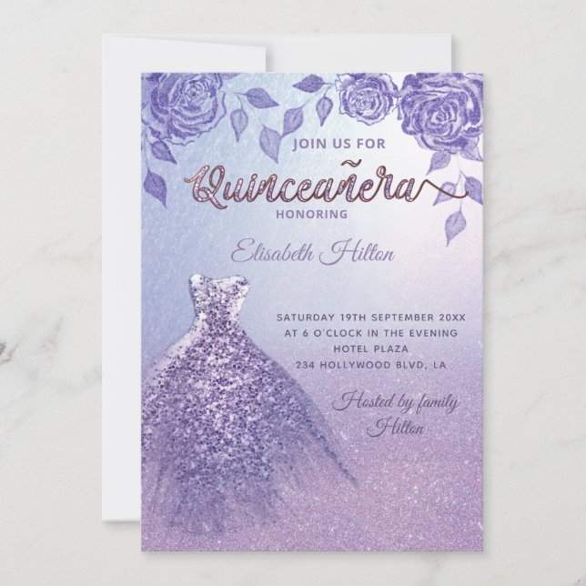 Lilac Rose romantisches Glitzer Kleid Quinceañera Einladung (Vorderseite)