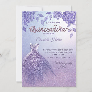 Lilac Rose romantisches Glitzer Kleid Quinceañera Einladung