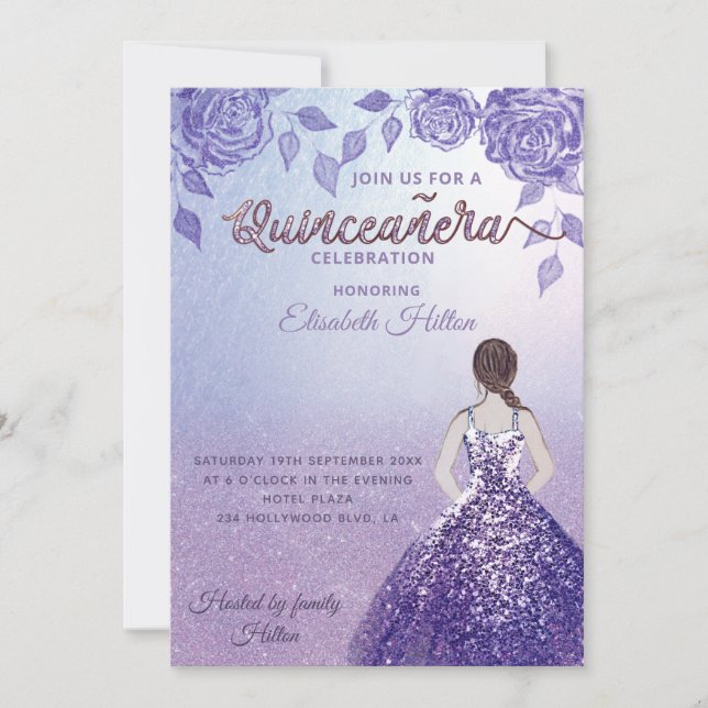 Lilac Rose romantisches Glitzer Kleid Quinceañera Einladung (Vorderseite)