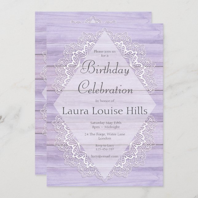 Lilac Rustic Woodgrain und Lace Birthday Einladung (Vorne/Hinten)