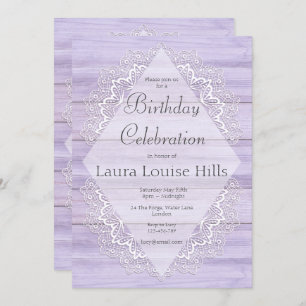 Lilac Rustic Woodgrain und Lace Birthday Einladung