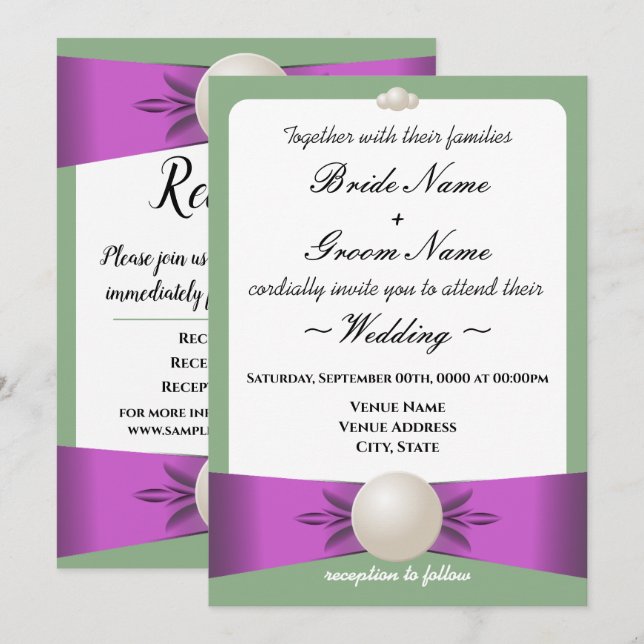 Lilac & Sage Pearl Ribbon Hochzeitsempfang Einladung (Vorne/Hinten)