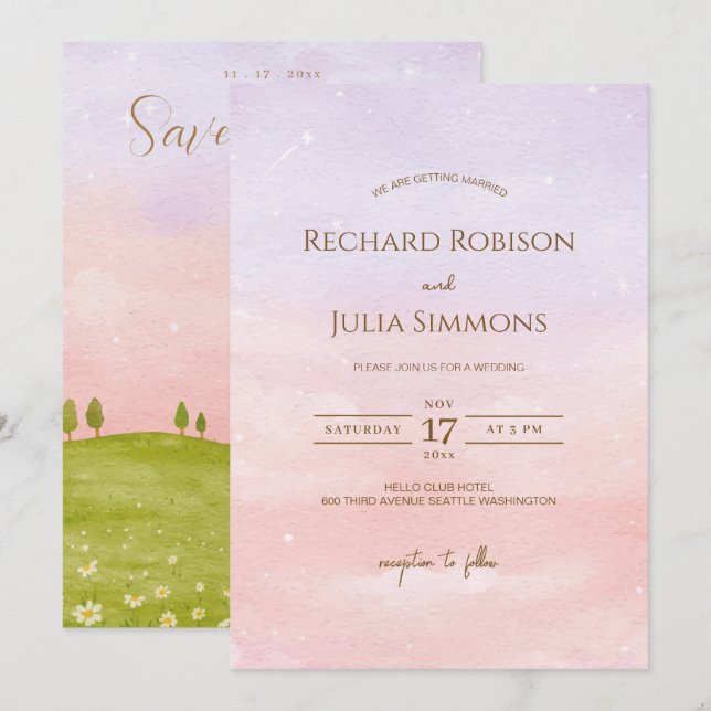 LILAC Save the Date Einladung / Aquarellfarbe Rosa (Vorne/Hinten)