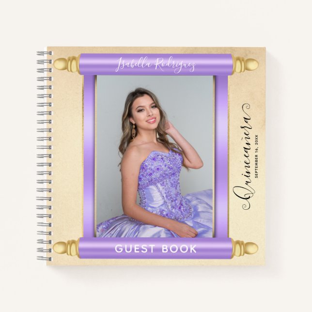 Lilac Scroll Foto Budget Quinceañera Gästebuch Notizbuch (Vorderseite)