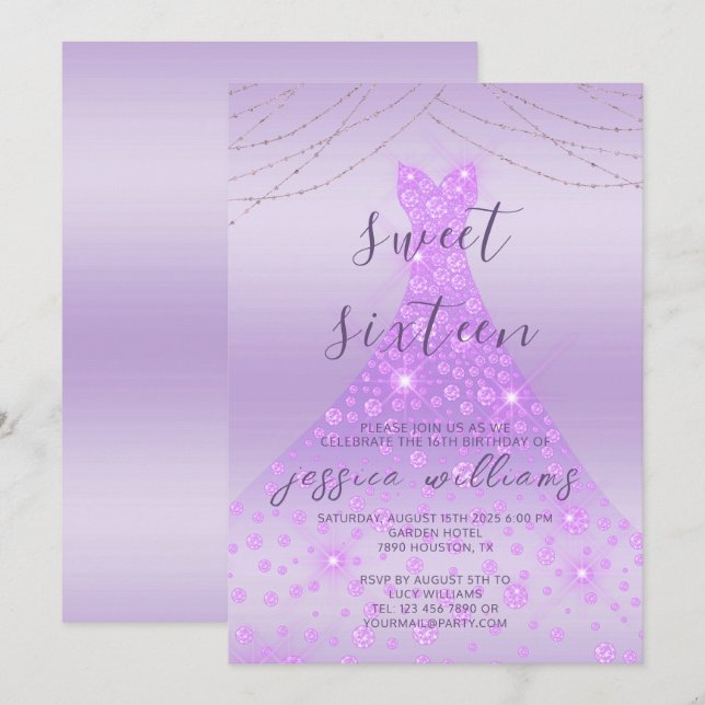 Lilac Sequin Ball Gown & Lights Sweet 16 Geburtsta Einladung (Vorne/Hinten)