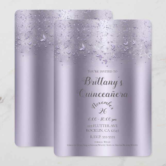 Lilac Shimmer Flutter Butterfly Quinceañera Einladung (Vorne/Hinten)