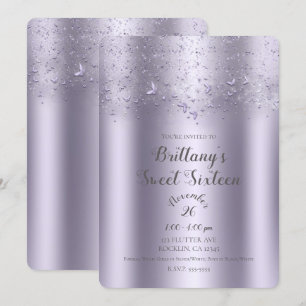 Lilac Shimmer Flutter Butterfly Sweet 16 Party Einladung