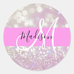 Lilac Shimmer Glitzer Glitzern Monogramm Name Runder Aufkleber