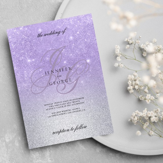 Lilac silber monogramm inital ombre Glitzer Hochze Einladung (Lilac silver monogram inital ombre glitter wedding )