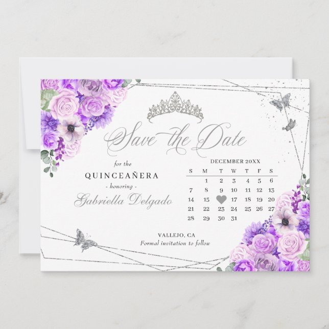 Lilac & Silver Quinceañera Save the Date Einladung (Vorderseite)