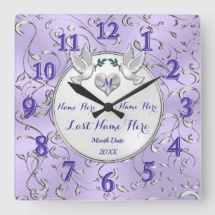 Lilac Silver White Personalized Wedding Wall Clock Quadratische Wanduhr
