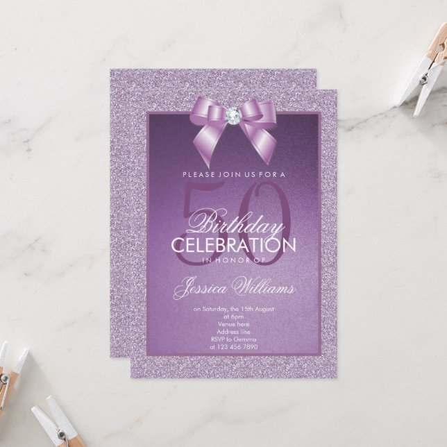 Lilac Sparkle & Stylish Gem Birthday Einladung (Vorderseite/Rückseite Beispiel)