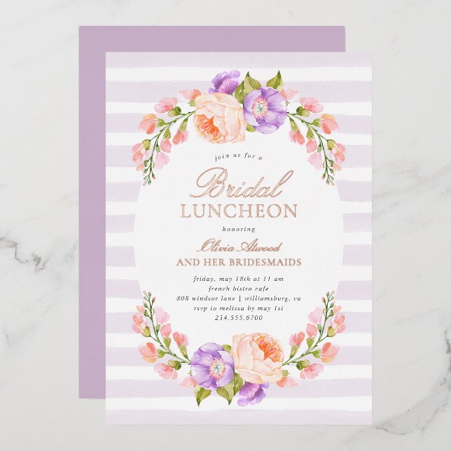 Lilac Stripe und Bloom Bridal Luncheon Folieneinladung (Vorderseite/Rückseite)