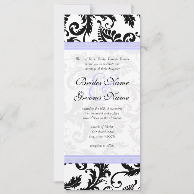 Lilac Trim Black Damask Wirbel Einladung Hochzeit (Vorderseite)
