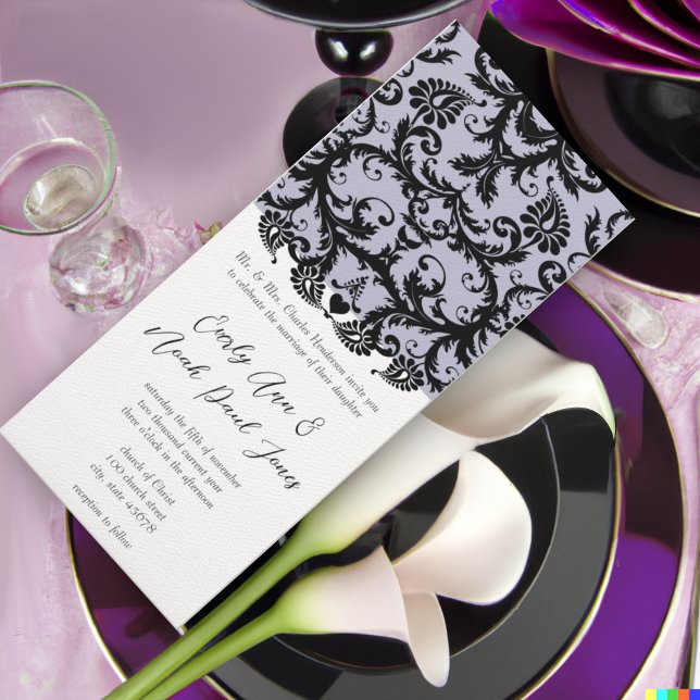 Lilac Trim Black Damask Wirbel Einladung Hochzeit (Von Creator hochgeladen)