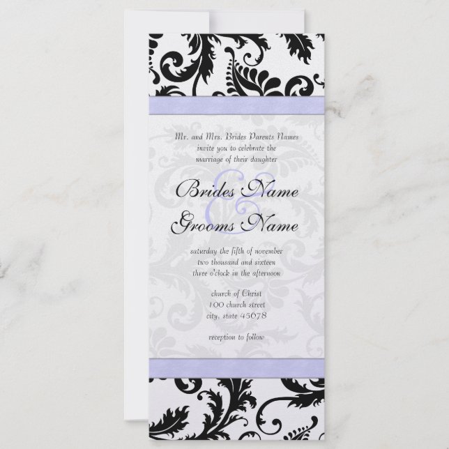 Lilac Trim Black Damask Wirbel Einladung Hochzeit (Vorderseite)