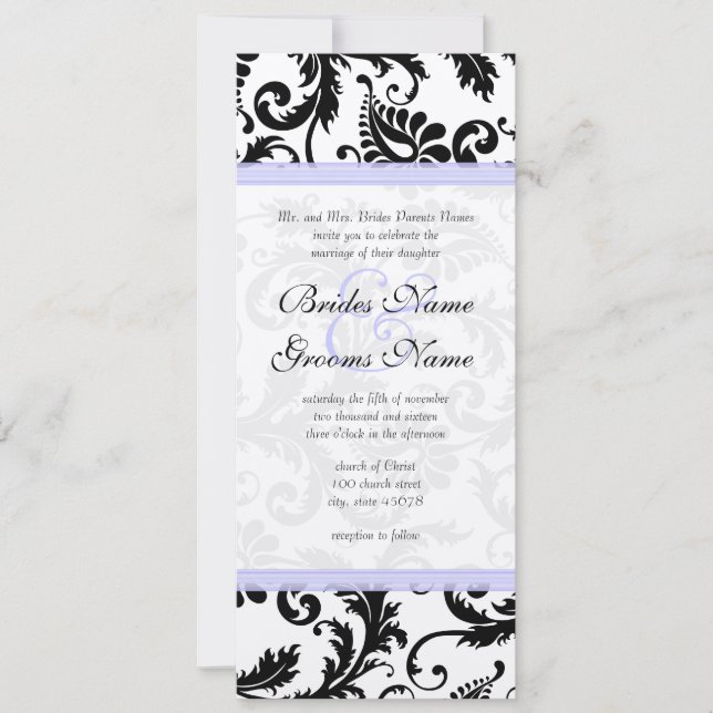 Lilac Trim Black Damask Wirbel Einladung Hochzeit (Vorderseite)
