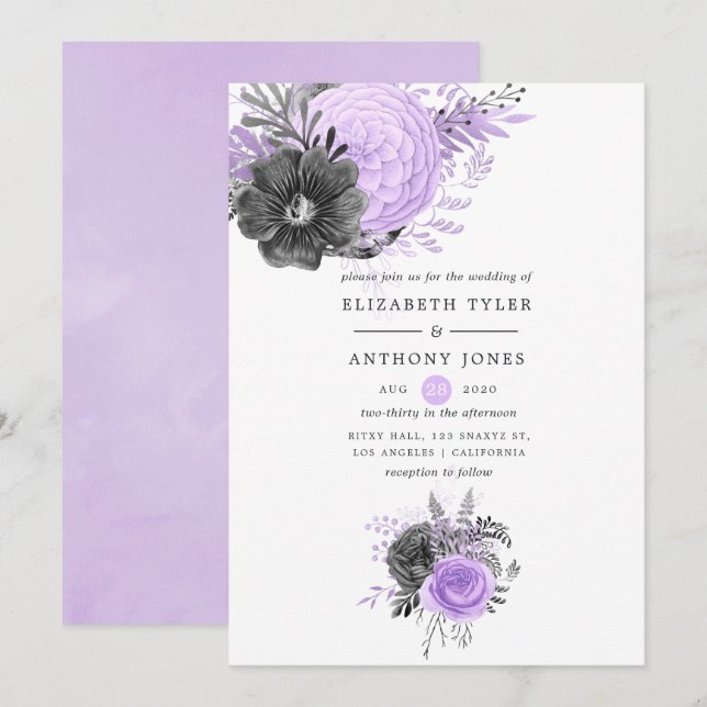 Lilac und Charcoal Floral Wedding Einladung (Vorne/Hinten)