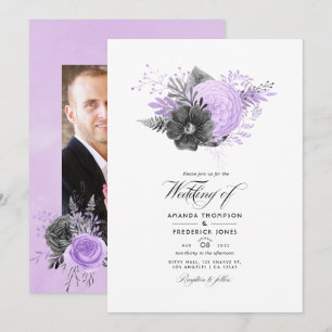 Lilac und Charcoal Floral Wedding Foto Einladung