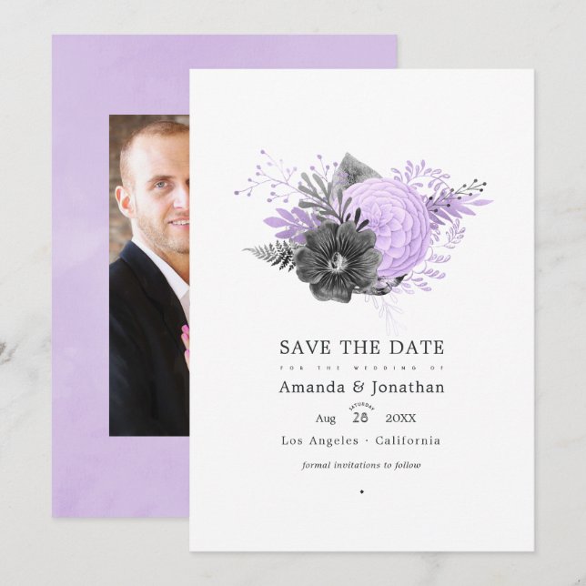 Lilac und Charcoal Floral Wedding Foto Save The Date (Vorne/Hinten)
