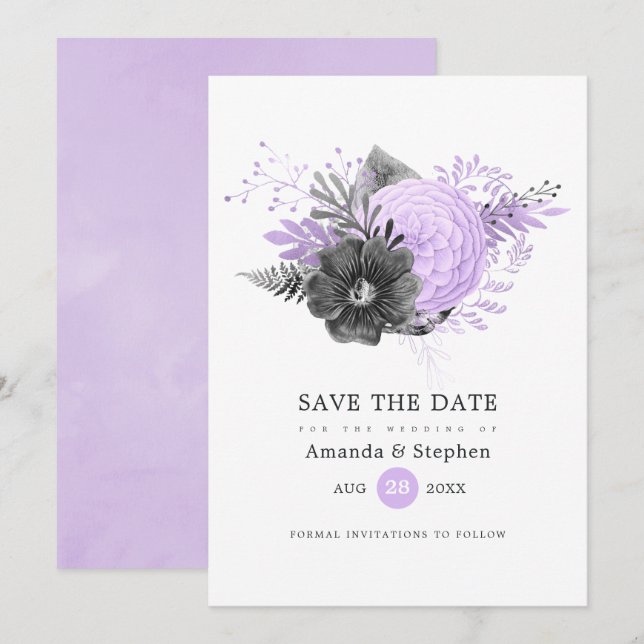 Lilac und Charcoal Floral Wedding Save The Date (Vorne/Hinten)