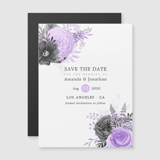 Lilac und Charcoal Floral Wedding Save the Date Magneteinladung (Vorne/Hinten)