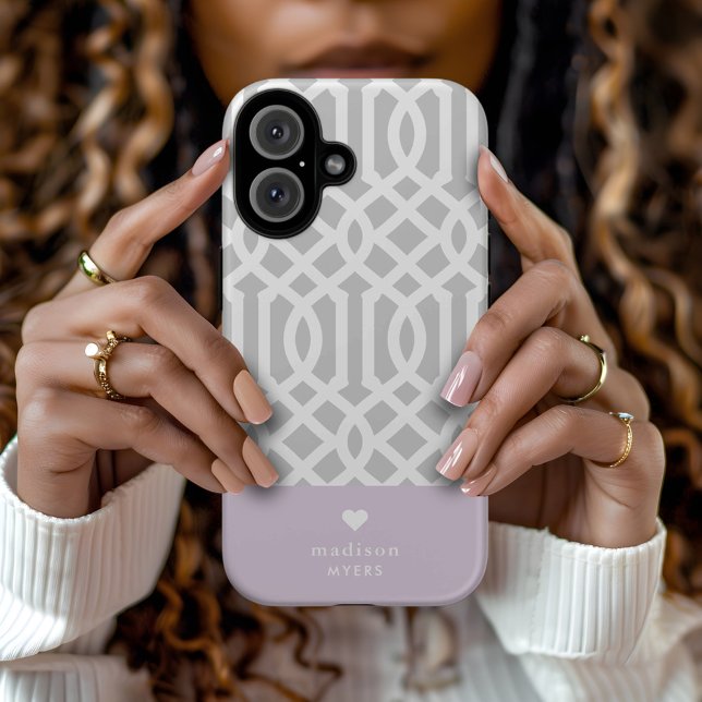 Lilac und Gray Trellis Heart Monogram Case-Mate iPhone Hülle (Von Creator hochgeladen)