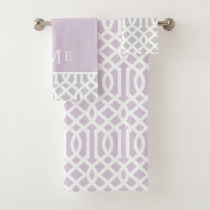 Lilac und Gray Trellis Monogram Editierbare Farb Badhandtuch Set