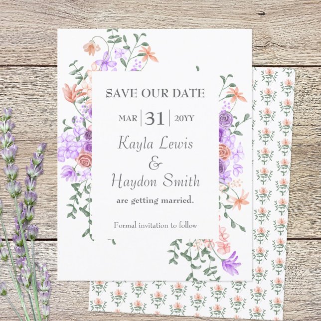 Lilac- und Peach-Rose Hochzeitssache Datum speiche Einladung (lilac and peach SAVE OUR DATE wedding announcement)