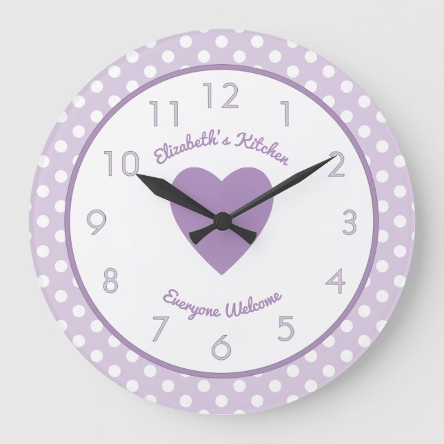 Lilac und weiß mit Polka-Punkten und einem Namen Große Wanduhr (Vorderseite)