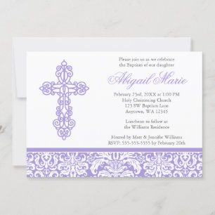 Lilac Verziert Cross Damask Girl Taufe Christening Einladung