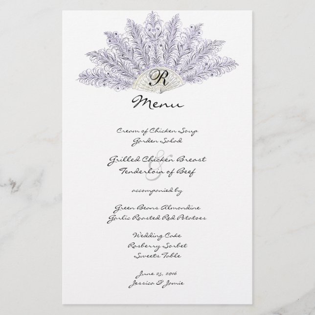 Lilac Vintag Feather Fan Wedding Menu (Vorderseite)
