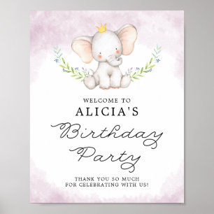Lilac Watercolor Baby Elephant Birthday Willkommen Poster