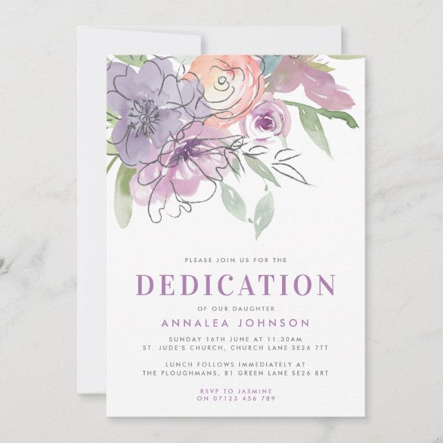 Lilac Watercolor Blume Baby Dedication Einladung (Vorderseite)