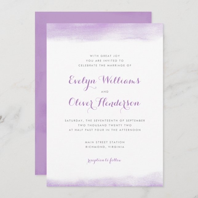 Lilac Watercolor Dip Wedding Einladung (Vorne/Hinten)