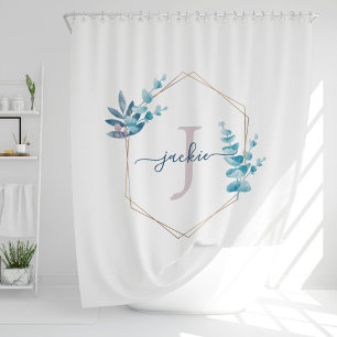 Lilac Watercolor Eucalyptus Frame Monogramm Duschvorhang