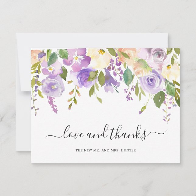 Lilac Watercolor Floral Elegante Hochzeit Dankeskarte (Vorderseite)