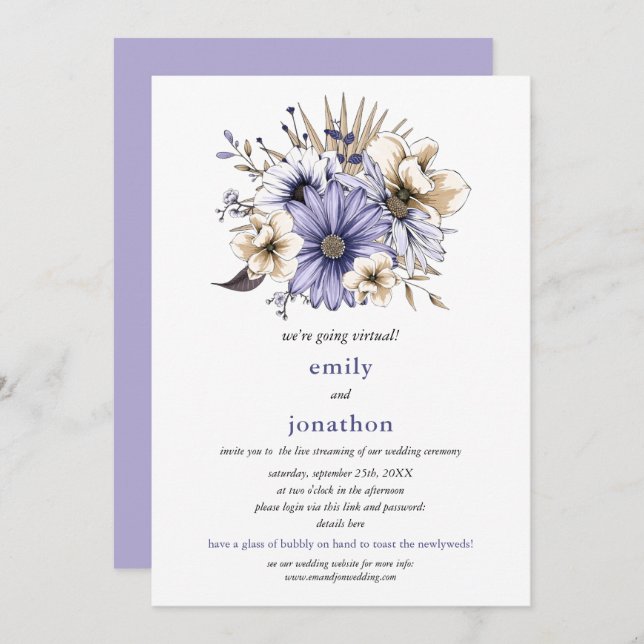 Lilac Watercolor floral Foliage Virtual Wedding Einladung (Vorne/Hinten)