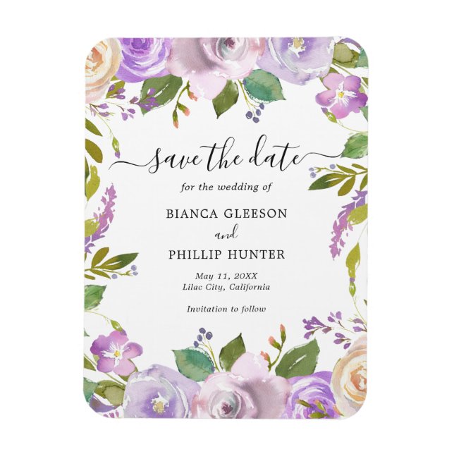 Lilac Watercolor Floral Wedding Save the Date Magnet (Vertikal)