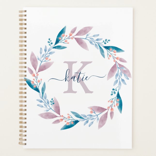 Lilac Watercolor Floral Wreath Monogramm Planer (Vorderseite)