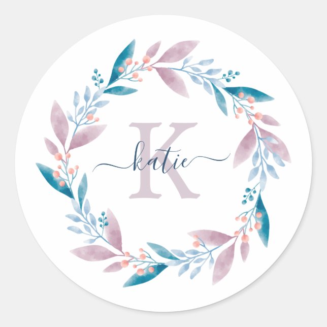 Lilac Watercolor Floral Wreath Monogramm Runder Aufkleber (Vorderseite)