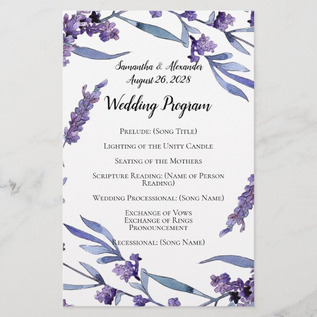 Lilac Watercolor Hochzeitsprogramm für Elegante Ho (Vorderseite)