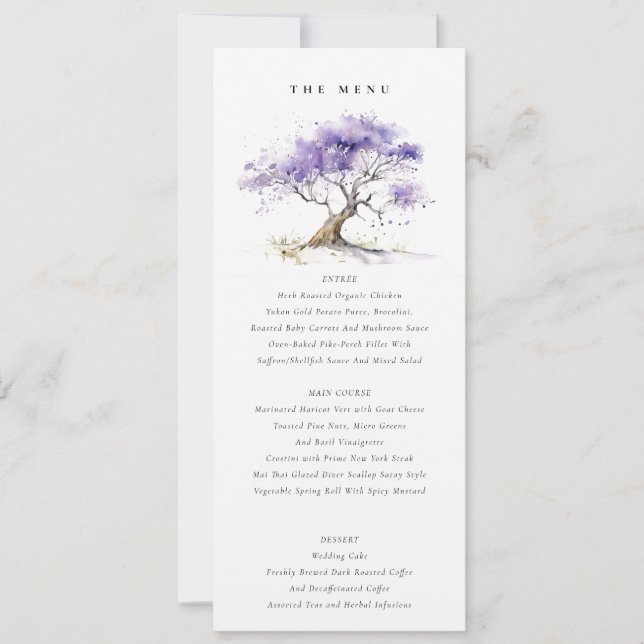 Lilac Watercolor Jacaranda Tree Wedding Menü Karte (Vorderseite)