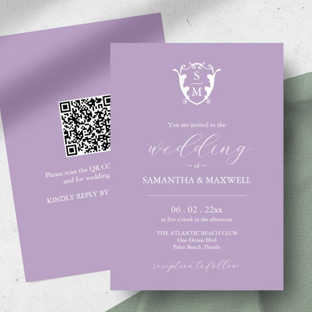 Lilac Wedding Einladung mit QR Code (Wedding Invitations Lavender monogram QR code crest art by Victoria Grigaliunas of Do Tell A Belle)