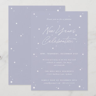 Lilac+White Script Scattered Stars New Year Party Einladung