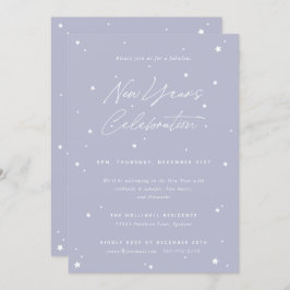 Lilac+White Script Scattered Stars New Year Party Einladung