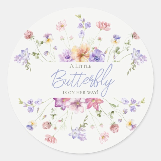 Lilac Wildblume Butterfly Baby Dusche Einladung Runder Aufkleber (Vorderseite)